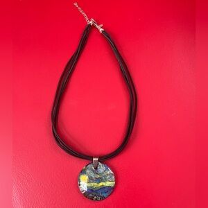MURANO GLASS VAN GOGH ON DYADEMA BLACK silk CORD and silver NECKLACE. Italy